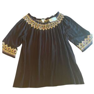 Women’s Black Boho Peasant Top Embroidered Semi Sheer Rayon Size Large NEW